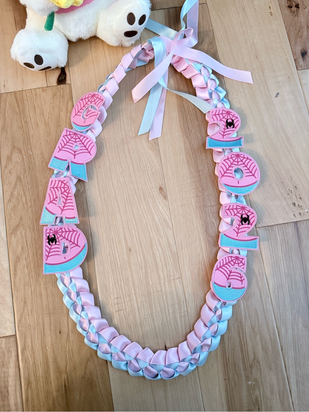 Pink & Light Blue Braided Letter Lei with Spider Web Appliqués, graduation 2026 - Picture 4 of 6